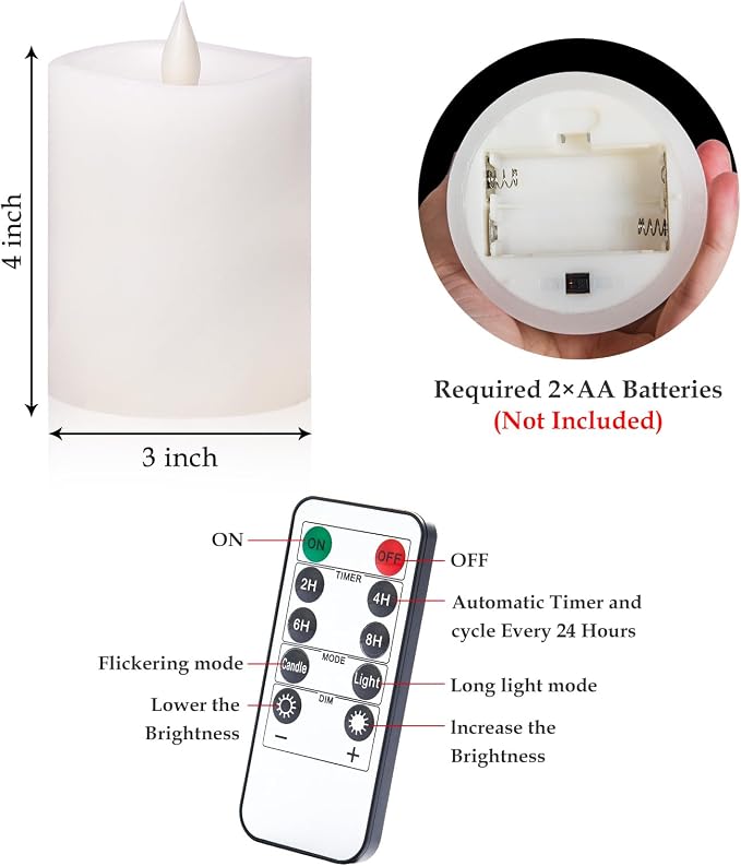 Flameless Candles with Flickering Flame & Remote Timer - 3×4'' Battery Operated LED Pillar Candles,Realistic Fake Candles for seasonl/Christmas/Wedding Decor (White, 1-Pack)