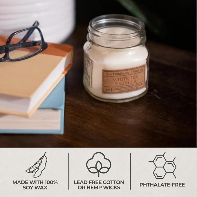 ECO CANDLE CO. Mason Jar Candle, Meyer Lemon, 8 oz. - Scents of Lemon, Bergamot, Orange - 100% Soy Wax, No Lead, Kraft Label & Antiqued Pewter Lid, Hand Made, Midwest Soybeans