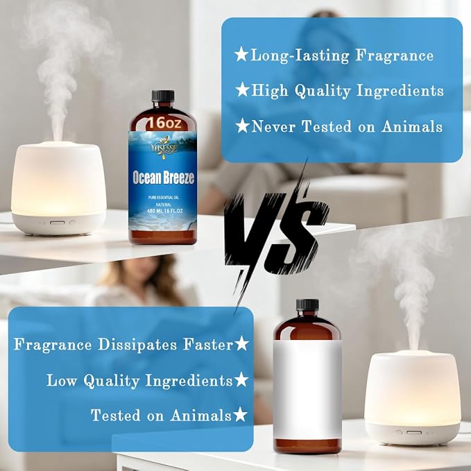 Ocean Breeze Essential Oil, Ocean Breeze Oil 16 Fl Oz 480ml for Diffuser Yoga Soap & Candle Making – with 0.33 Oz Roller Ball & Funnel YHSESSE Essential Oils