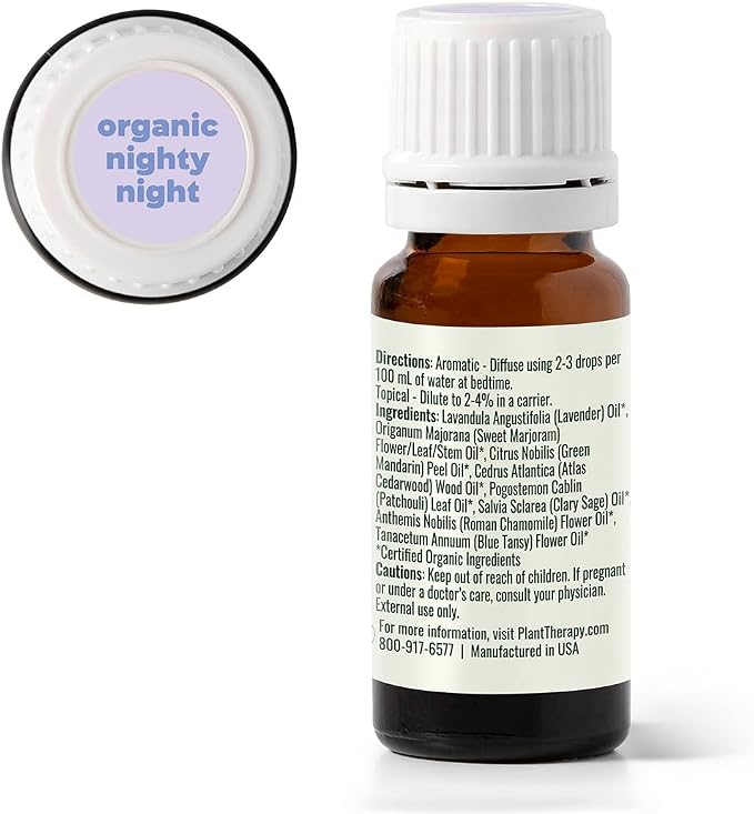 Plant Therapy Kids Organic Nighty Night Essential Oil Blend for Sleep, 10 mL (1/3 oz), 100% Pure, Undiluted, USDA Certified Organic, Encourages a Good Night's Rest