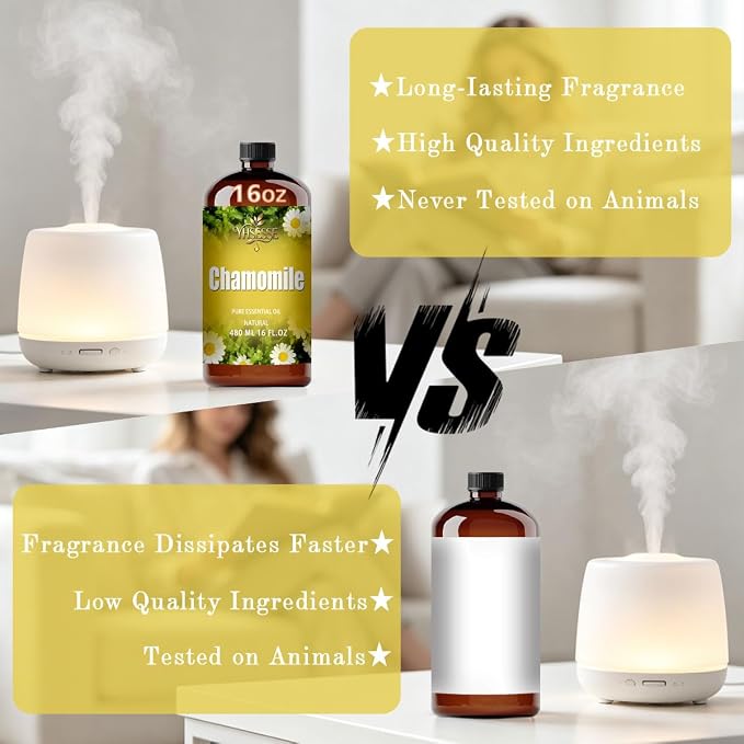 Chamomile Essential Oil, Chamomile Oil 16 Fl Oz 480ml for Diffuser Yoga Soap & Candle Making – with 0.33 Oz Roller Ball & Funnel YHSESSE Essential Oils