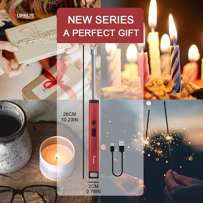 SUPRUS Rechargeable Candle Lighter Electric Arc Triple Safety Long Lighter Stainless Steel Shell & Hanging Hook (Red)