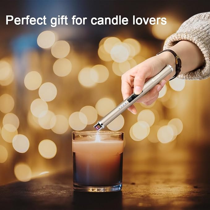 SUPRUS Electric Lighter Candle Type C Rechargeable Lighter with Upgraded LED Battery Display Safety Switch Flameless Plasma Windproof for Candle Cooking BBQs Fireworks Gift(Champagne Gold)