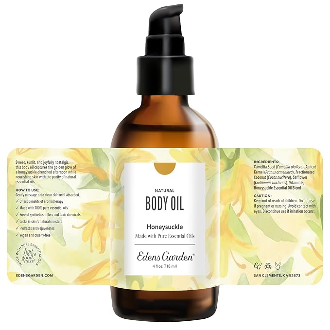Edens Garden Honeysuckle Body Oil – Bath, Body & Massage Oil with Pure Essential Oils & Vitamin E, Moisturizing Floral Aromatherapy for Skincare, 4 fl oz (118 ml)
