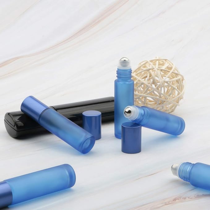 Kesell Glass Roller on Bottle, 10ml Refillable Essential Oil Bottle with Stianless Steel Ball, Pack of 10 (Light blue)