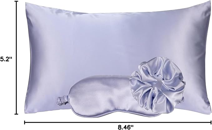 Vegan Silk Sleep Set – Satin Pillowcase, Eye Mask & Large Scrunchie for Hair and Skin – Frizz Free Beauty Sleep & Self Care Night Routine – Purple