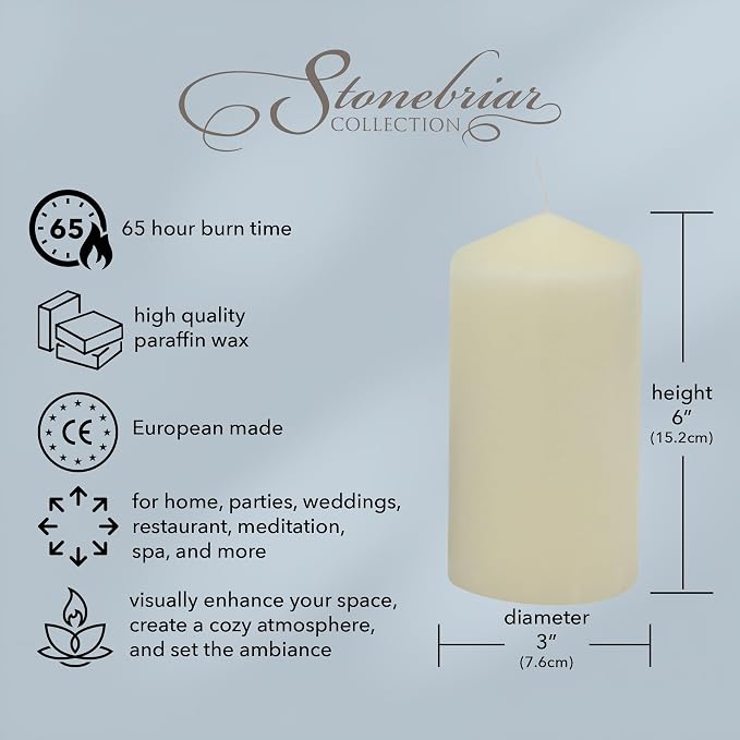 Stonebriar Tall 3 x 6 Inch 65 Hour Long Burning Unscented Ivory Wax Pillar Candles 3 Count (Pack of 4)