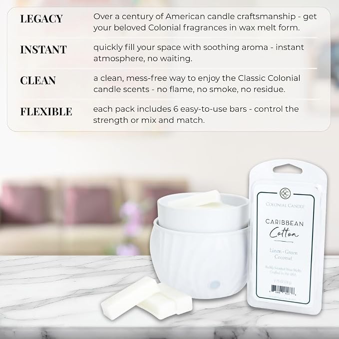 Colonial Candle Caribbean Cotton Scented Wax Melts, Wax Melt Warmer Cubes, Long Lasting Scented Wax Warmer Cubes, 4 Pack, 6 Cubes Each - Made in The USA