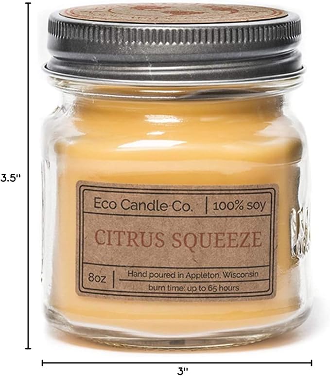 ECO CANDLE CO. Mason Jar Candle, Citrus Squeeze, 8 oz. - Scents of Orange, Tangerine, Grapefruit, Lemon, & Lime - 100% Soy Wax, No Lead, Kraft Label & Antiqued Pewter Lid, Hand Made, Midwest Soybeans