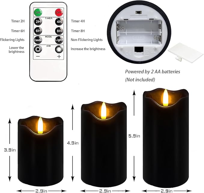 Flameless Candles Light, Set of 3 Flickering LED Candles with Remote & Timer, Dimmable Real Wax Electric Pillar Candles Battery Operated, Black Flameless Candles for Home Halloween Decor (Black)