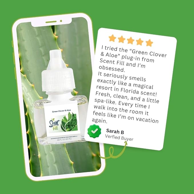 Scent Fill Green Clover & Aloe Plug in Air Freshener, Scented Oil Refills, 2 Refills + Diffuser