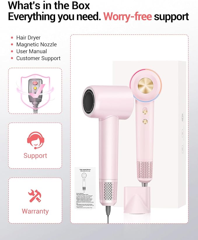 Ionic Hair Dryer, 150,000 RPM High-Speed Professional Blow Dryer for Fast Drying, 500M Negative Ions & Thermo-Control, Magnetic Nozzle, Low Noise & Lightweight for Home and Travel, Pink