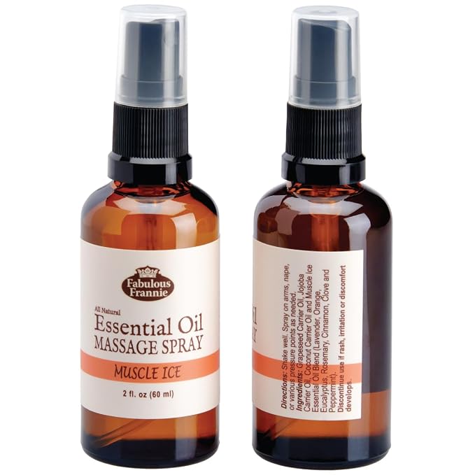Fabulous Frannie Muscle Ice Massage Spray Healthy Spritz Made with Carrier Oils and Cinnamon, Eucalyptus, Clove Bud, Lavender, Orange and Peppermint Pure Essential Oils 2oz (Pack of 1)