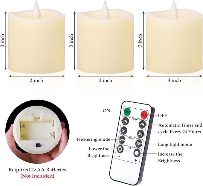 Flameless Candles with Remote & Timer - 3×3'' Ivory Pillar LED Candles Battery Operated,Fake Candles for Indoor Outdoor - Realistic Flickering Flame Holiday Wedding Church Decor (3-Pack)