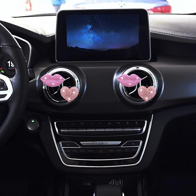 Pink Lips Air Vent Clips, 4 Pcs Sexy Lips Kiss Heart Shape Car Air Fresheners for Women Charms Rhinestone Diffuser Vent Clip Cute Car Decor Bling Car Accessories for Women