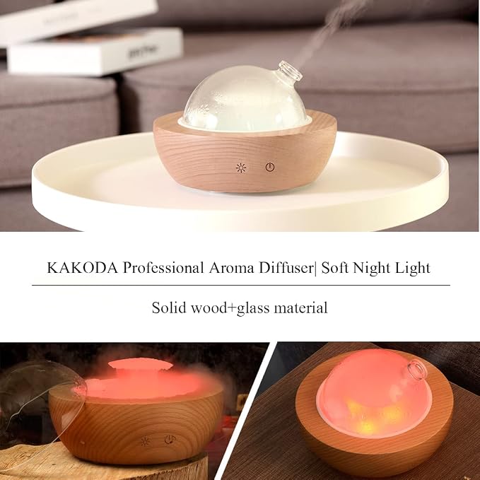 Glass Essential Oil Diffuser,Real Wood Base,The 2025 Upgrade Aromatherapy Diffuser,Aroma Diffuse Humidifier,LED Light in 7 Colors,Suitable for Home Office Bedroom(Non-Glass Reservoir)