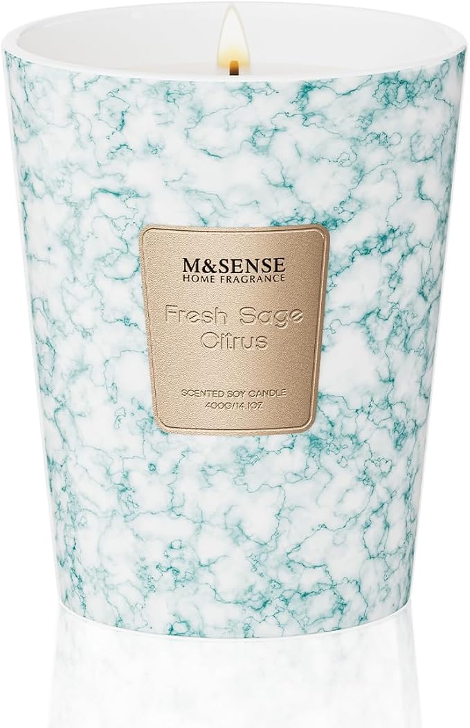 M&SENSE Fresh Sage Citrus Scented Soy Candle, 3 Wick Highly Scented 14.1 Oz 75H, Aromatherapy Christmas Gift for Women and Men