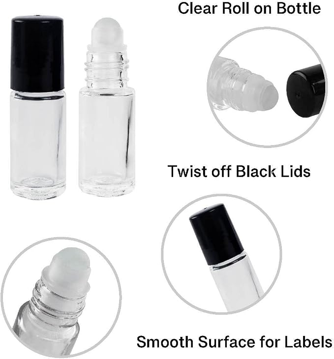 Super Z Outlet Clear (1/6 Oz/5 ml) Plain Glass Container Tubes Roll-On Bottles with Ball Tips and Black Caps for Homemade Lip Care Products, Essential Oils, Cosmetic Gift, Perfumes (24 Pack)