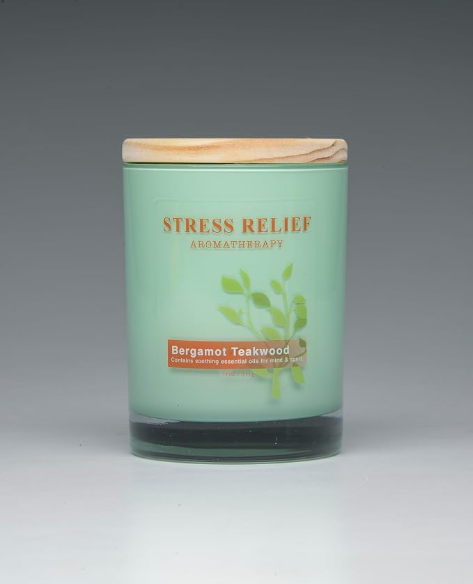 Scentsational Stress Relief Aromatherapy Candle, Bergamot Teakwood, 11 oz, Wooden Lid, 55-60 Hour Burn Time Poured in the USA