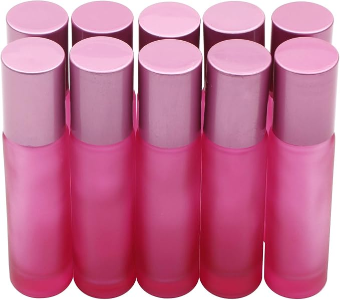 Kesell 10 Pack - 10ml Refillable Frosted Glass Roller Bottles Vials with Stainless Steel Roller Ball and Aluminum Cap - Pink Color