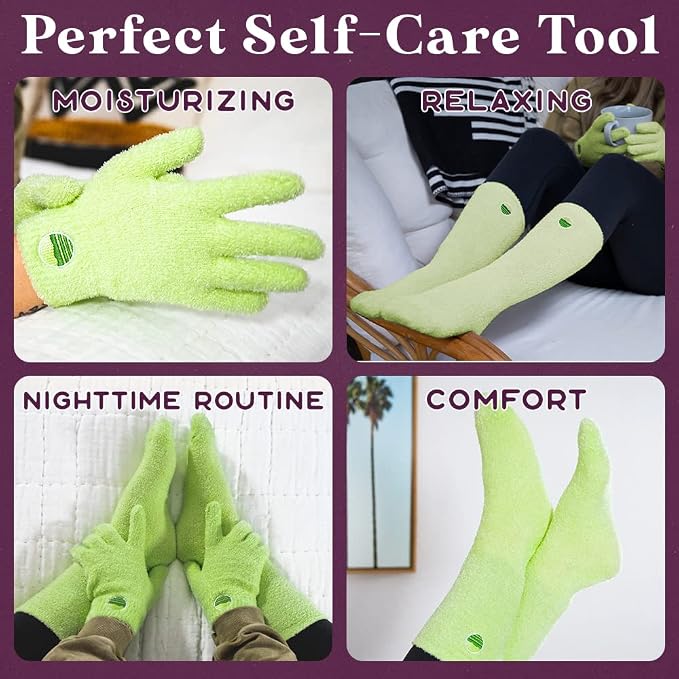 Aloe Socks and Gloves Set | Green Moisturizing Socks and Gloves Infused with Aloe and Vitamin E | Spa Socks and Gloves for Women