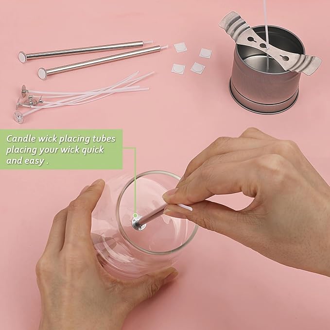 200pcs Natural Candle Wick kit,100pcs Wick Stickers with 5pcs Wick Holders and 2pcs Wick Placing Tube,for Soy Wax, Beeswax, Coconut Wax - DIY Candle Making Supplies for Beginners & Professionals
