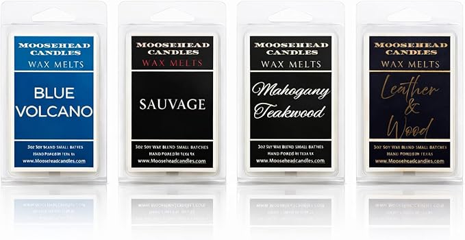 Signature Collection Wax Melts – 4 Pack (Leather & Wood Exclusive, Blue Volcano, Mahogany Teakwood, Sauvage Inspired) – Strong Scented Luxury Wax Cubes – Hand Poured in Texas