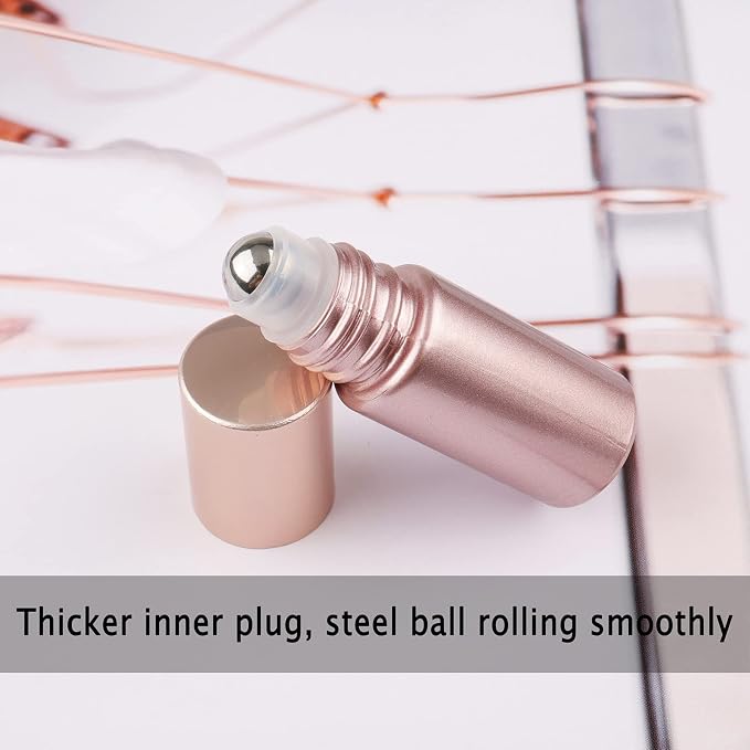 10Pcs 5ml Glass Roller Bottles for Essential Oils, 1/6 oz Refillable Roll on Vials with Funnels, Mini Containers with Stainless Steel Ball for Perfumes Aromatherapy Liquid, Matte Rose Gold