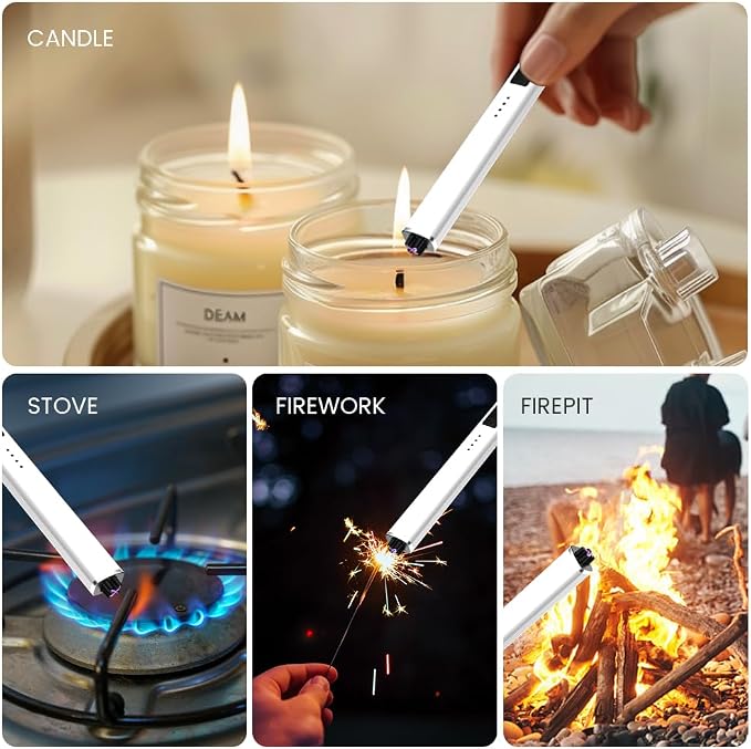 Dual Arc Windproof Flameless Long Candle Lighter Type-C USB Rechargeable Lighter for Candles, BBQ and Fireworks