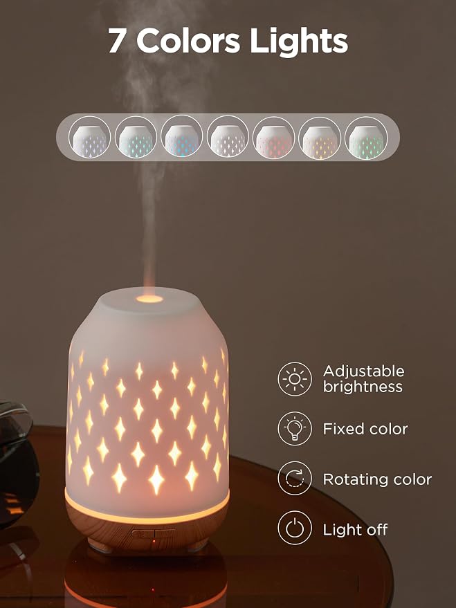 InnoGear Aromatherapy Diffuser, 150ml Ceramic Diffuser Mother's Gift Ultrasonic Humidifier Cool Mist Essential Oil Diffusers for Home Air Diffuser with 2 Mist Modes Waterless Auto Off, White