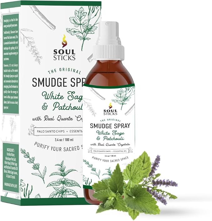 SOUL STICKS White Sage & Patchouli Smudge Spray For Cleansing and Negative Energy | 3.5oz White Sage Smudge Spray with Real Quartz Crystals | Car Fragrance Sage Room Spray for Spiritual Cleansing
