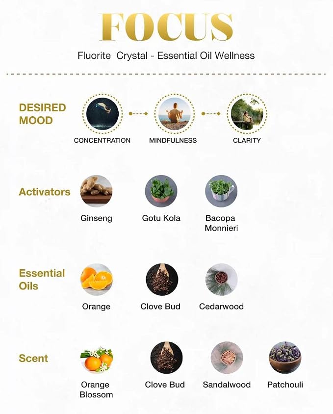 Crystal Infused Essential Oil Vial, 1 Oz, Focus - Fluorite Crystal Infused - Scents of Orange, Ginger, Ylang-ylang, & Lavender - Aromatherapy Oils, Massage, Relaxing, Stress Relief