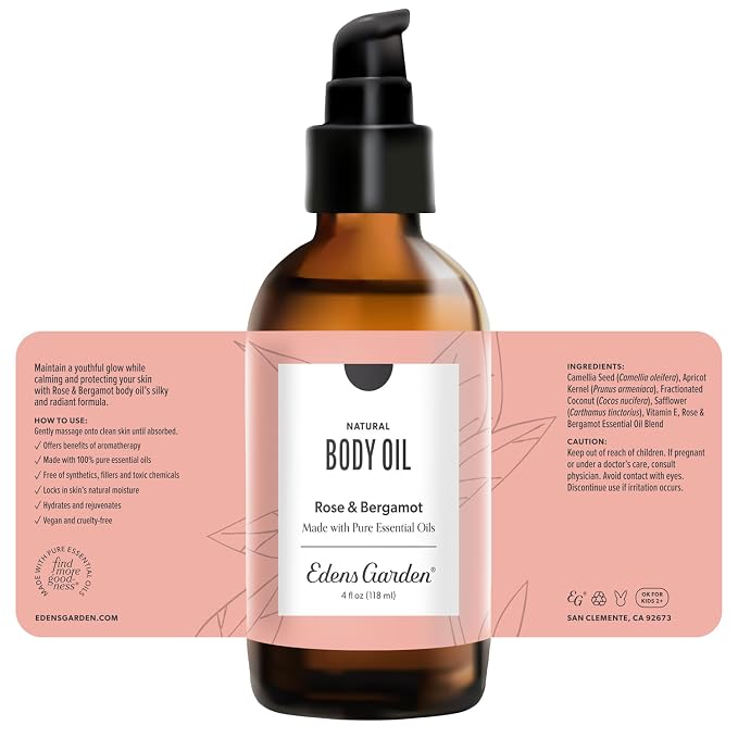 Edens Garden Rose Bergamot Bath & Body Oil – Tranquil Blend with Pure Essential Oils & Vitamin E for Healthy-Looking Skin, Face & Body Moisturizing – After Shower Floral Scented Oil, 4 fl oz (118 ml)