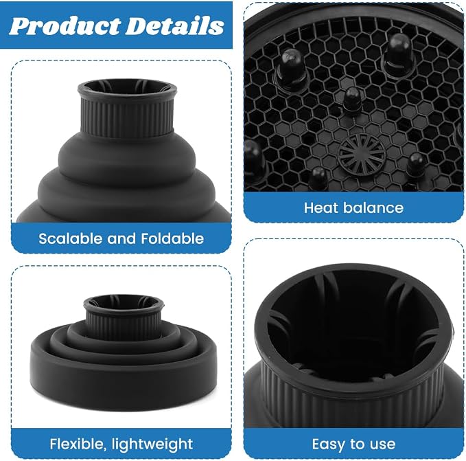 Universal Collapsible Hair Dryer Diffuser, Travel Hair Dryer Diffuser Attachment with Comb, Portable Hairs Diffusers Blow Dryers Attachment for Natural Thick Hairs(Black)