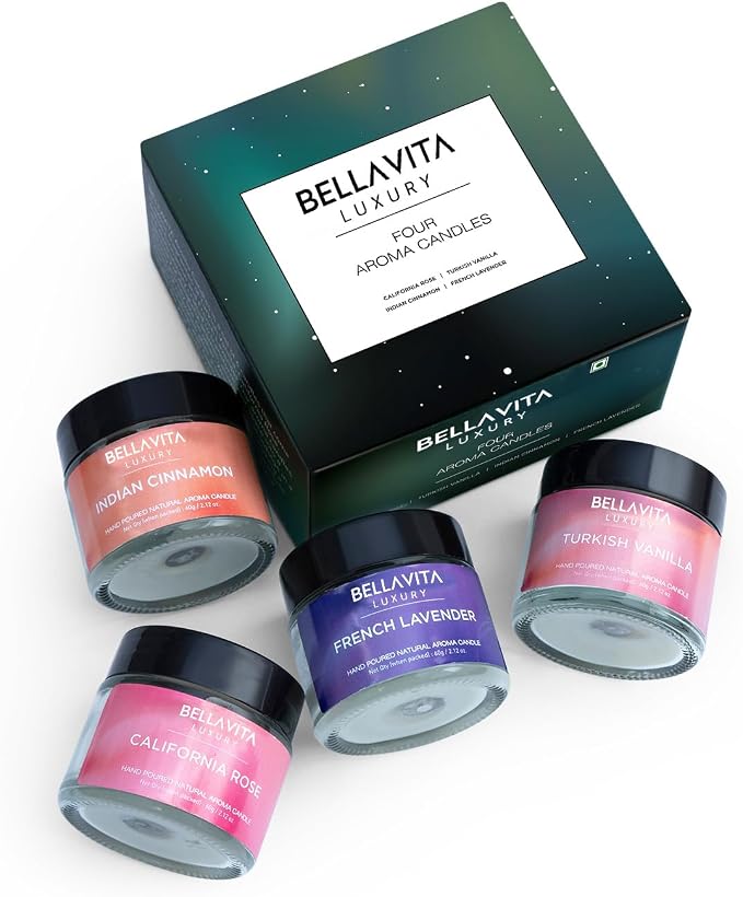 Bella Vita Organic Fall Decor Candles Set of 4 | Best Gift for Valentine's Day | Turkish Vanilla, French Lavender, Indian Cinnamon & California Rose | Long Lasting, Home Decor | Gift for Her