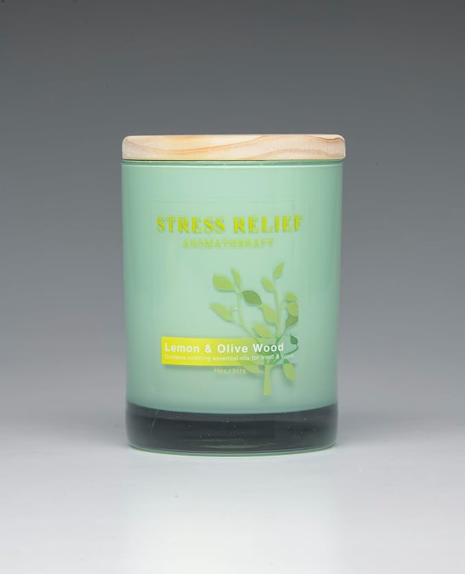 Stress Relief Aromatherapy Candle, Lemon & Olive Wood Scent, 11 oz Glass Jar, 60 Hour Burn Time Poured in the USA