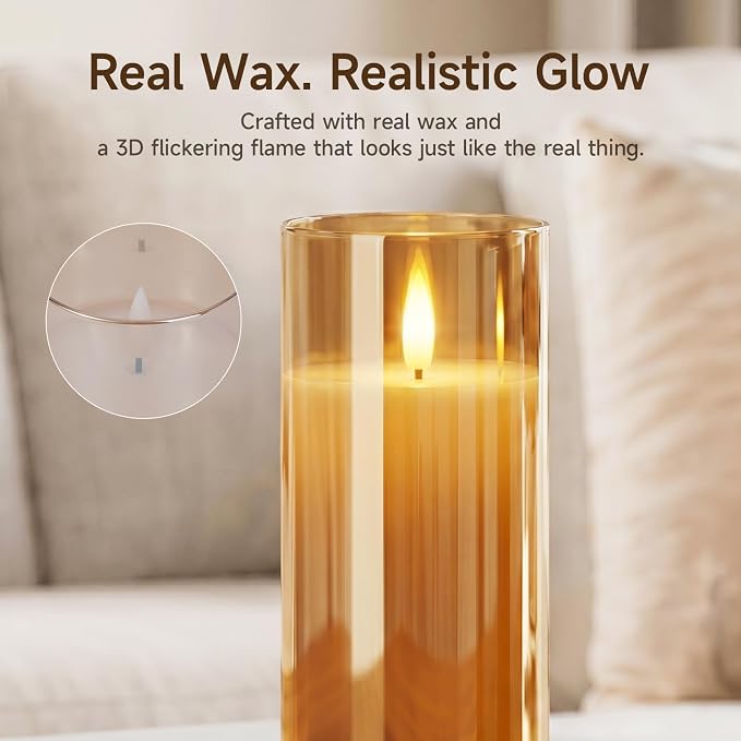 Homemory Amber Glass Flameless Candles Battery Operated LED Pillar Candles with Remote and Timer, Real Wax Flickering Candles with 3D Wick, Decorative Candles Home, Wedding, Holiday Decor, Set of 2