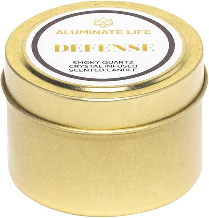 Luxury Candle Tin, 4 OZ, Defense - Smoky Quartz Crystal Infused - Scents of Frankincense, Neroli, & Sage - Detoxify, Ground, & Fortify - Coconut Wax Blend, Essential Oils, Dr. Developed