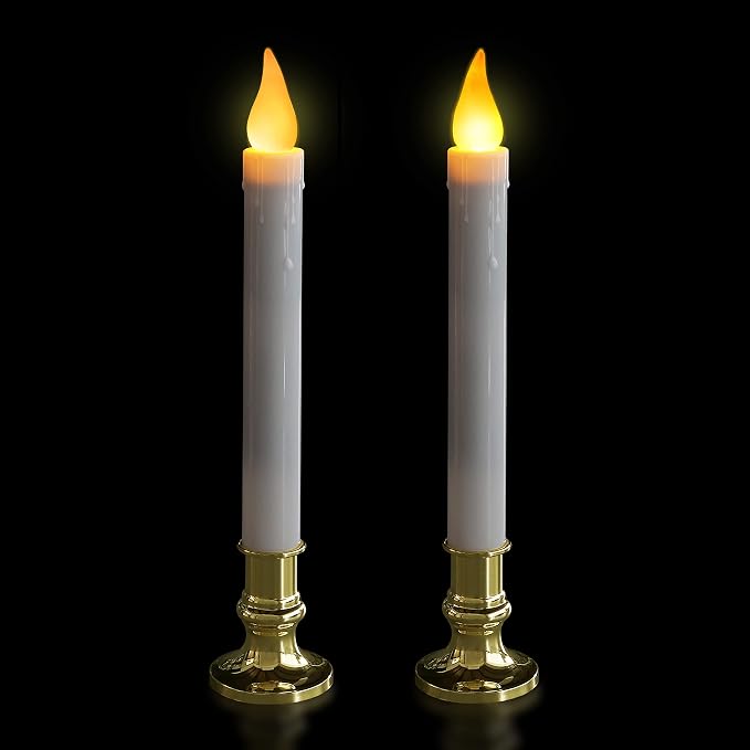 FURORA LIGHTING White Taper Candles with Gold Holders, Pack of 2-9.9" Flameless LED, 5/19 Auto Timer, Batteries Included - Wedding, Dinner & Home Decor
