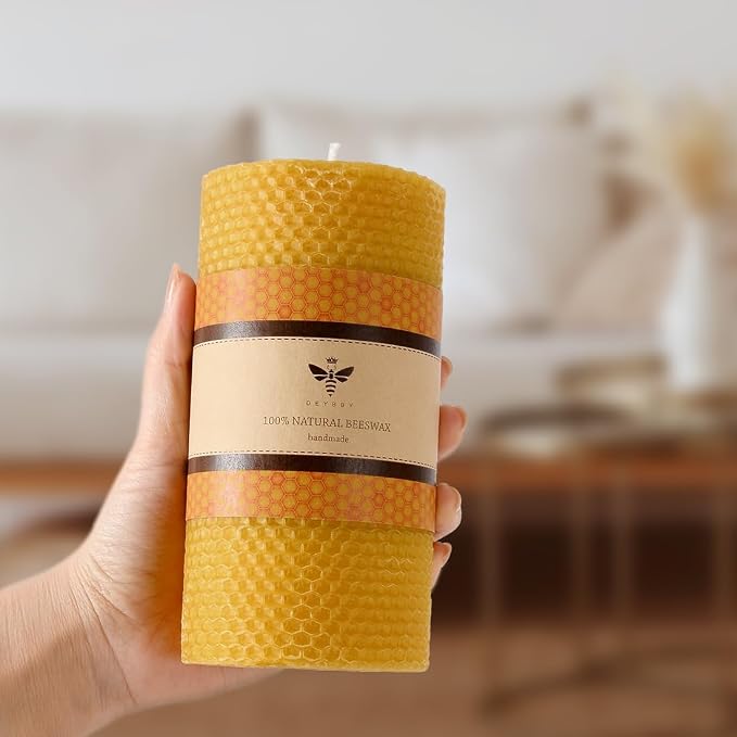 DEYBBY 3×6 in Beeswax Pillar Candle - Handmade Pure Organic Beeswax Honeycomb Rolled Candle for Home Study Decor Housewarming GFT