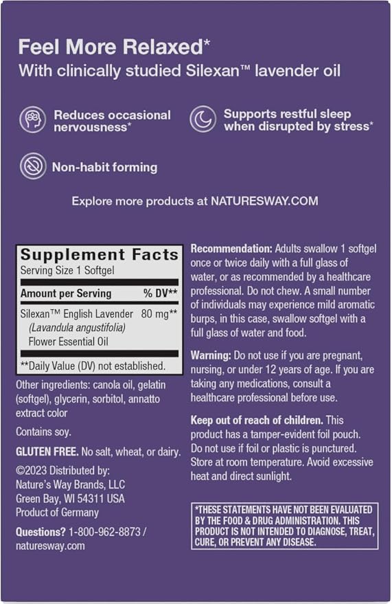 Nature's Way CalmAid Lavender Oil Supplement for Calm & Stress Support*, Clinically Studied Silexan Lavender Oil, Non-Drowsy, Daily Softgels, 90 Count