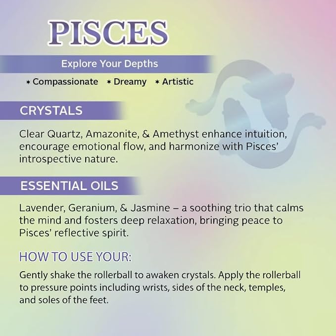 Pisces Zodiac Crystal-Infused Essential Oil Rollerball, Aromatherapy Blend - Calm & Intuition, Premium Astrology Sign Birthday Gift, Natural Therapeutic Roller, 10 mL