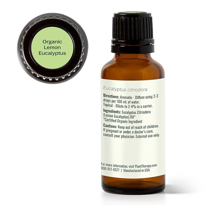 Plant Therapy Organic Lemon Eucalyptus Essential Oil, 30 mL (1 oz), 100% Pure and Undiluted, USDA Certified Organic, Great for Essential Oil Diffusing and DIY Cleaning Solutions