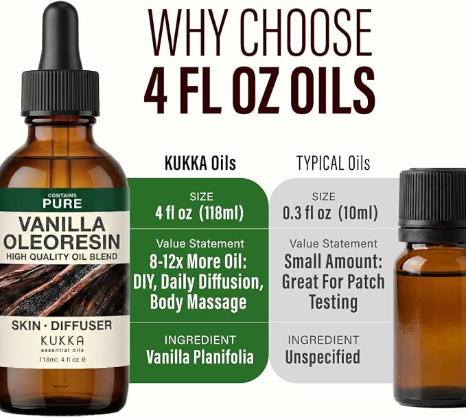 100% Pure Vanilla Oil - 4 Fl Oz Vanilla Essential Oil for Hair, Skin, Diffuser, Aromatherapy & DIY Soap Making Scent