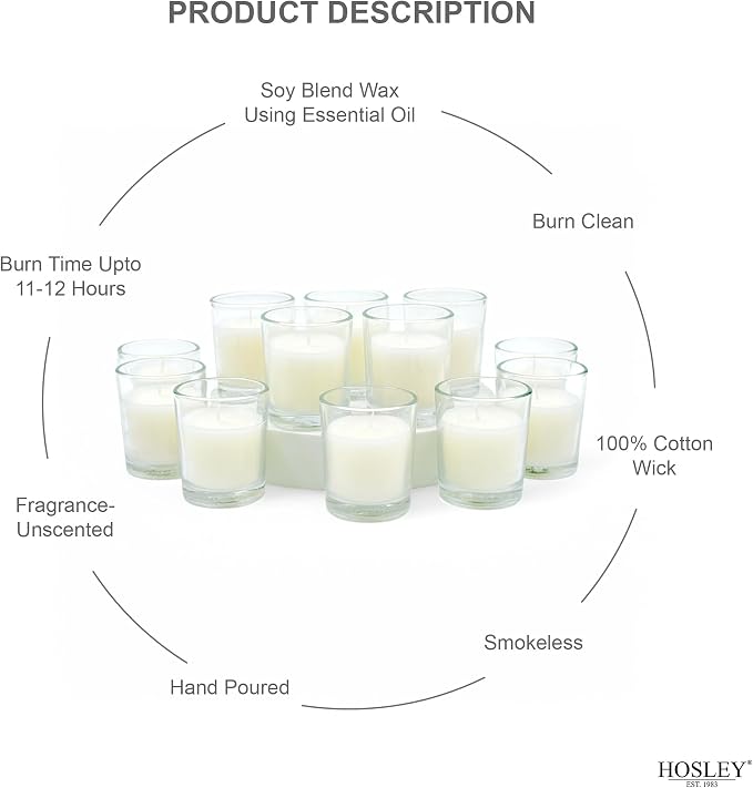 Hosley 20-Pack White Unscented Votive Candles in Clear Glass Holders Hand Poured Wax for Timeless Elegance and Versatile Décor Illuminate Every Moment