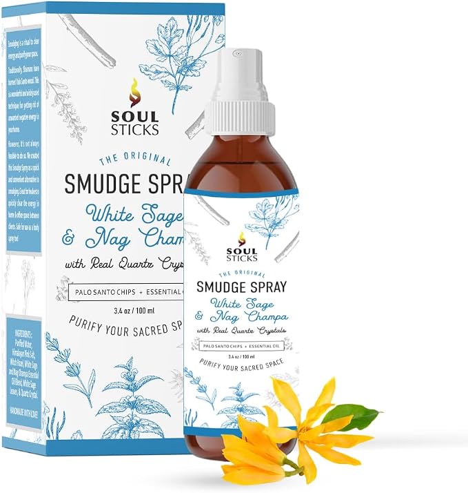 SOUL STICKS White Sage & Nag Champa Smudge Spray – 3.5oz Smokeless Cleansing Mist with Quartz Crystals – Spiritual Aromatherapy Spray for Meditation, Yoga, Home Energy Clearing & Relaxation