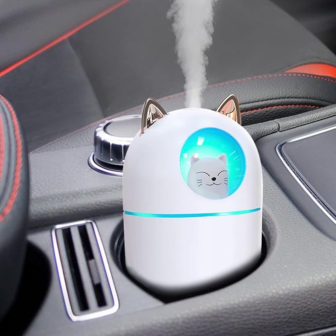 Cute Portable Cool Mist Humidifier with 7 Color Night Light and 6 Filter Cotton Sticks for Bedroom, Office, Desk, Car or Travel (White)
