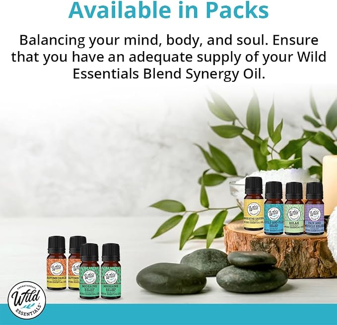 Wild Essentials Migraine Relief 100% Pure Essential Oil Synergy Blend 2 Pack 10ml, Formula for migraine Headaches, Pain, Congestion, stuffy Nose, Cold, Made in The USA