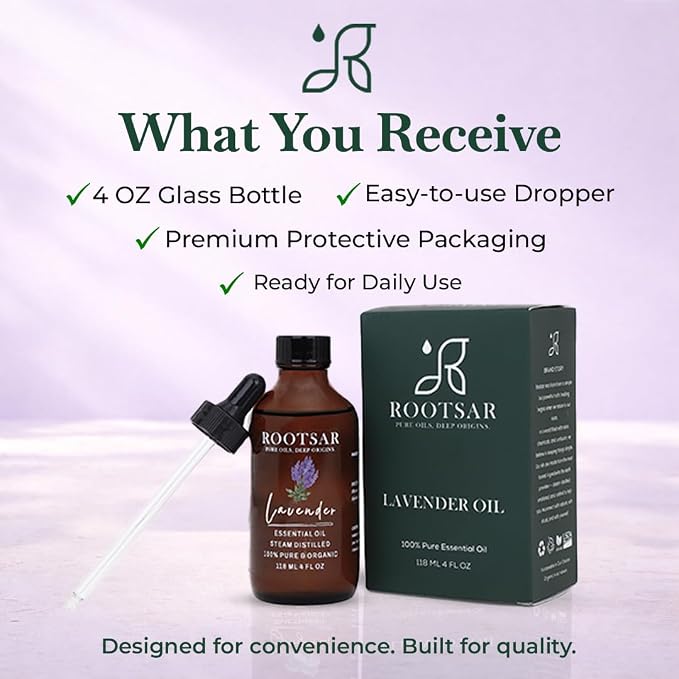 Lavender Essential Oil – 100% Pure Organic Lavender Oil, Steam Distilled, 4 FL OZ / 118 ML – Premium Essential Oil for Diffuser, Aromatherapy, Massage, Skin Care, Candle & Soap Making