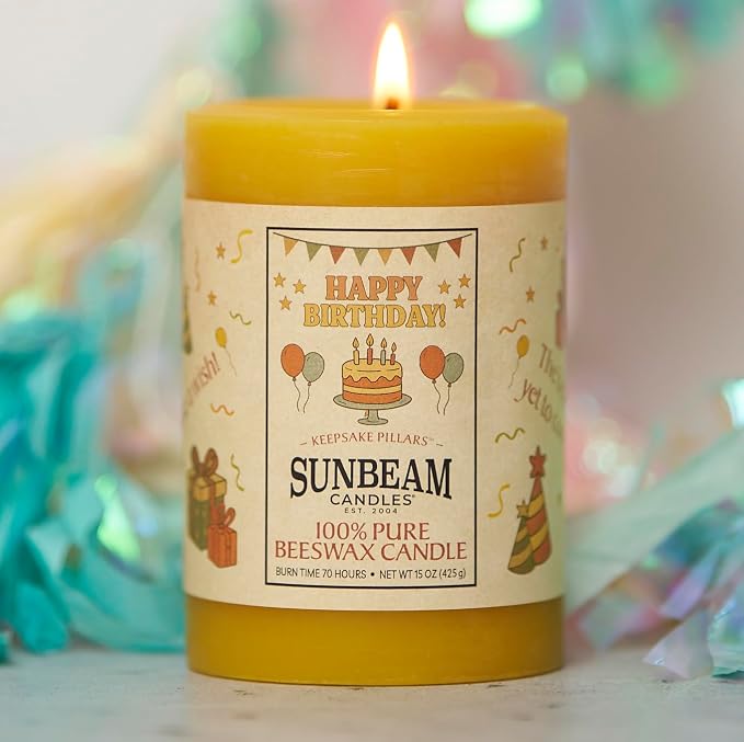 Sunbeam Candles 100% Pure Beeswax Pillar Candles | Long Burning All Natural Non-Toxic Beeswax Candles | Made in USA (Keepsake Birthday, Natural Gold, 3"x4.25")